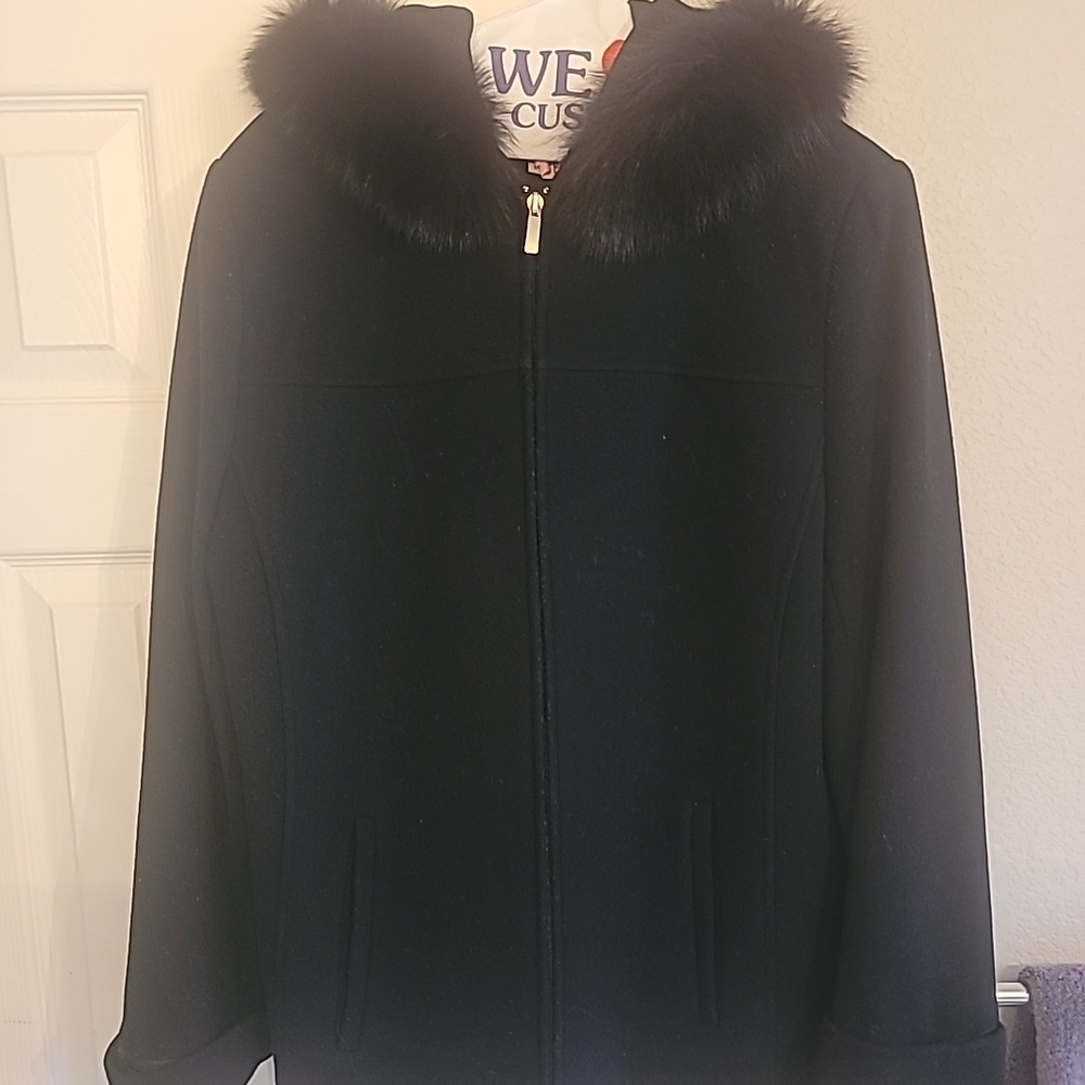 Black Heavy Wool With Fur Rimmed Hood Coat